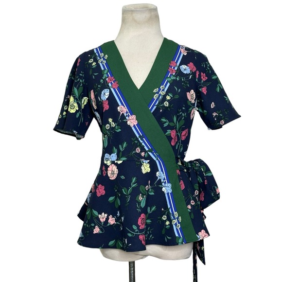 Ann Taylor black pink floral short sleeves wrap blouse size XXSP - Picture 7 of 10